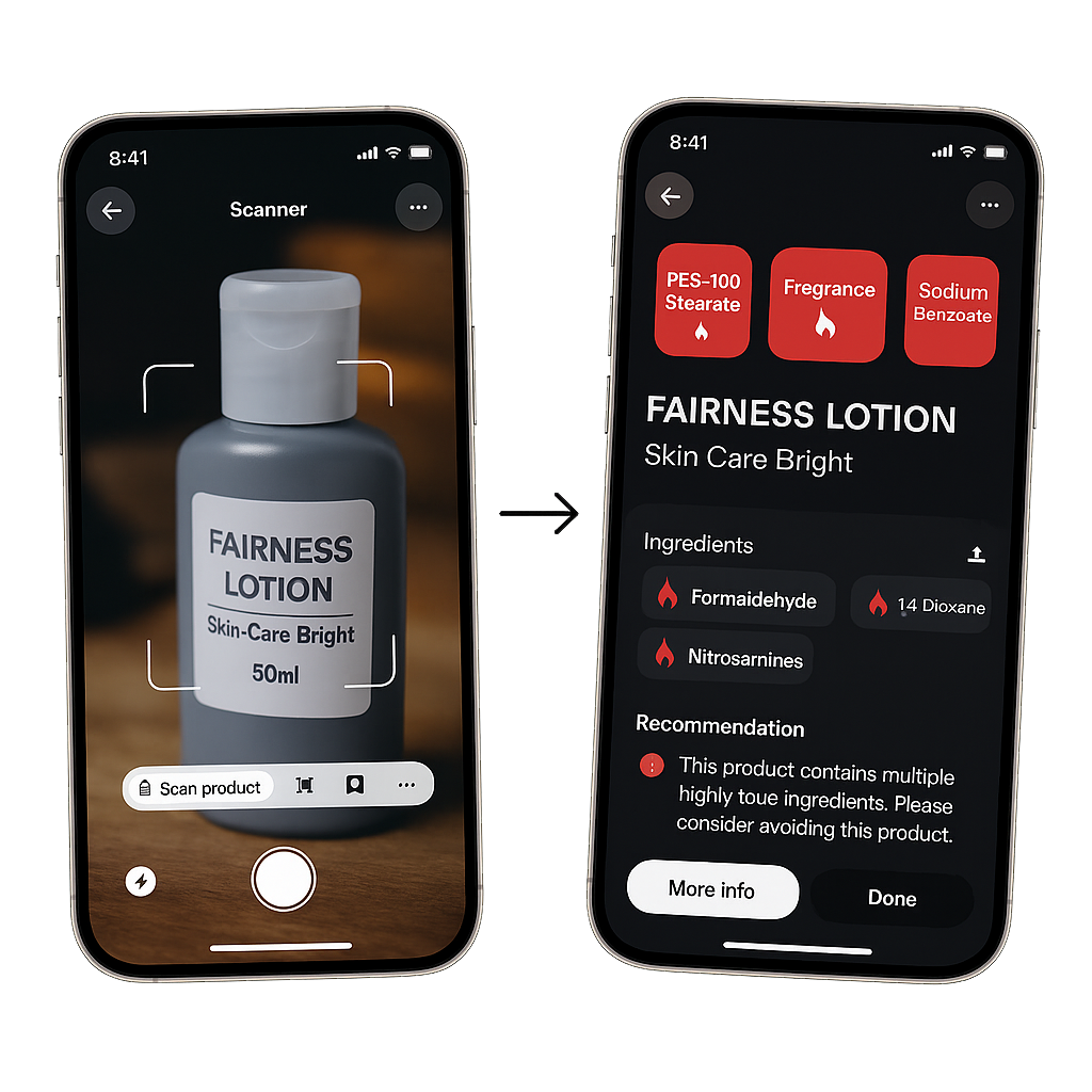 Toxiscan mobile app interface showing product scanning and chemical analysis features